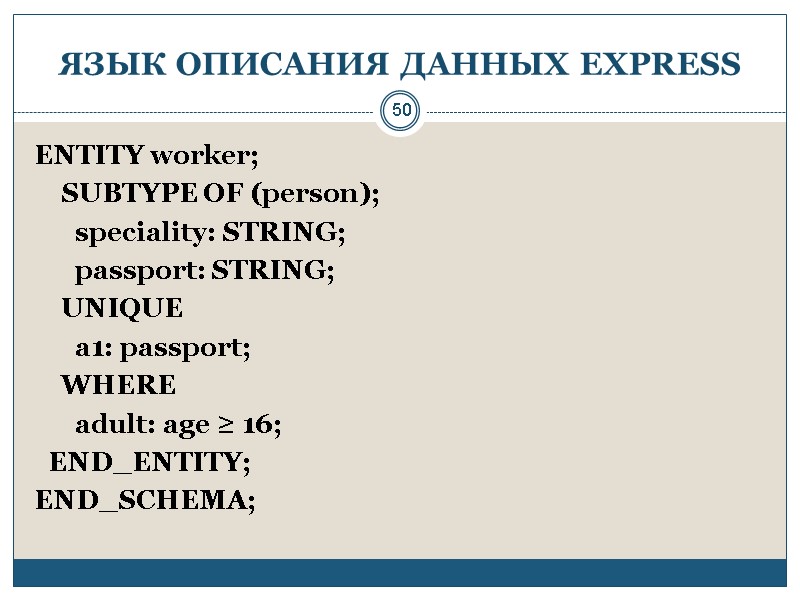 50 ЯЗЫК ОПИСАНИЯ ДАННЫХ EXPRESS ENTITY worker;     SUBTYPE OF (person);